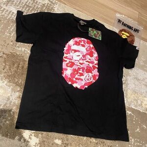Bape Black Tee with Red and Pink Camo Logo